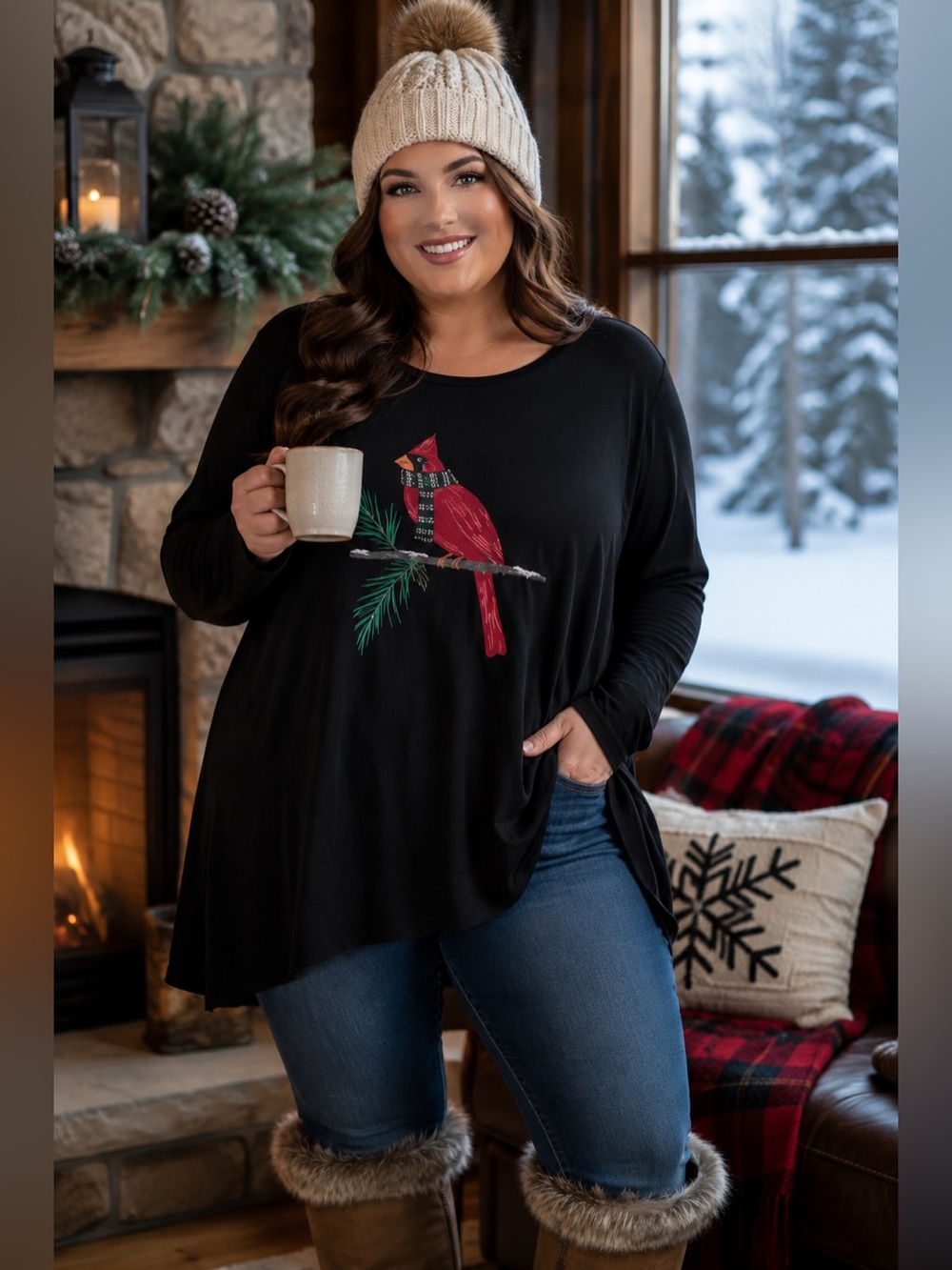 Croft & Barrow 3X Long Sleeve Cardinal Festive Shirt Lounge Cozy Neutral Winter